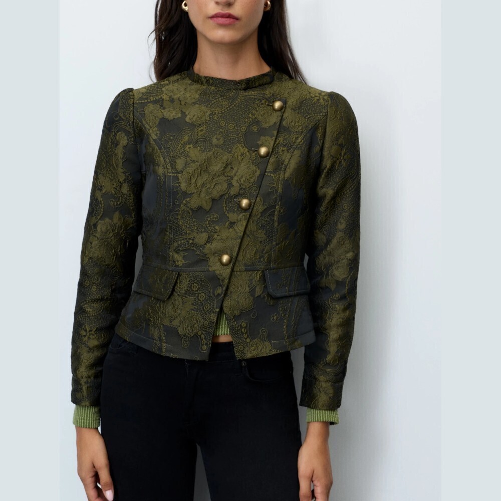 Olive Green Jacquard Floral Brocade Button Front Stand Collar Cropped Jacket